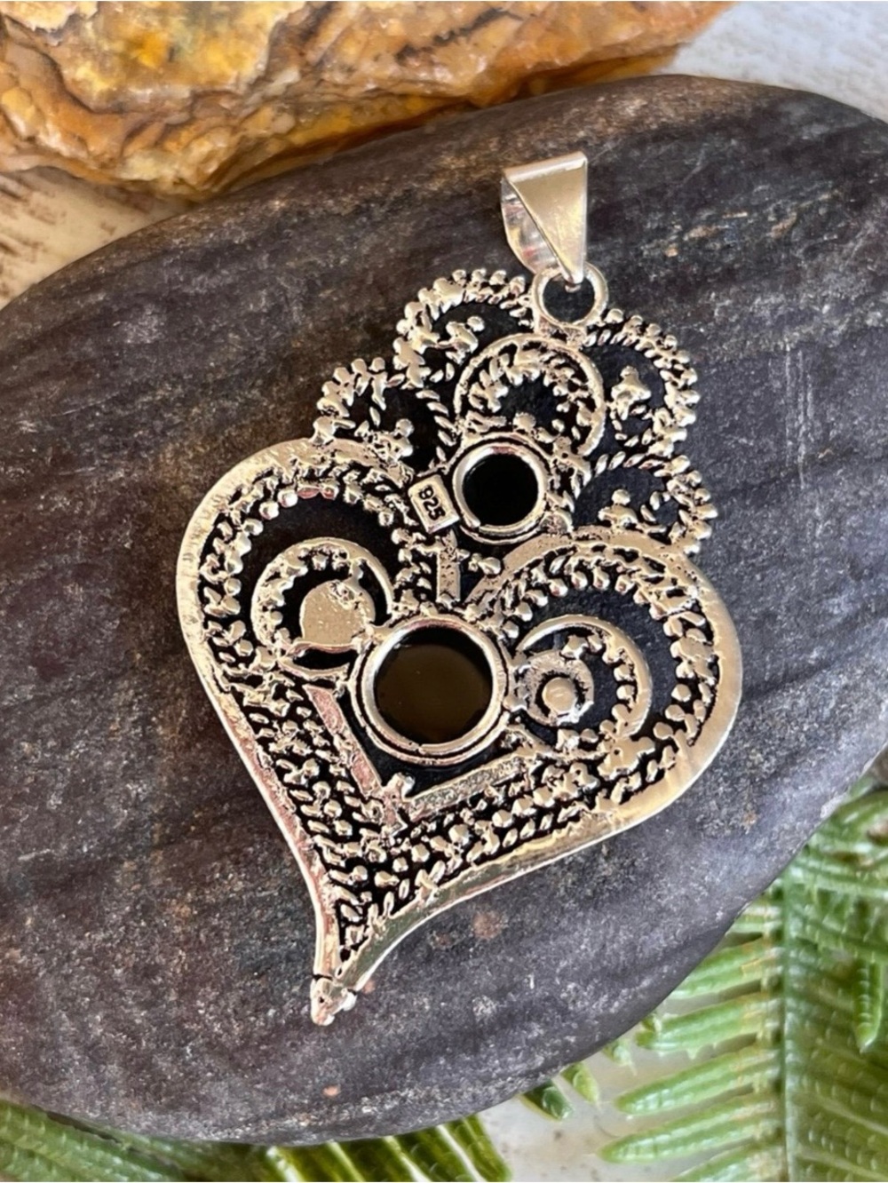 Natural Black Onyx Heart Gemstone 2.5” Silver Pendant - Picture 6 of 6